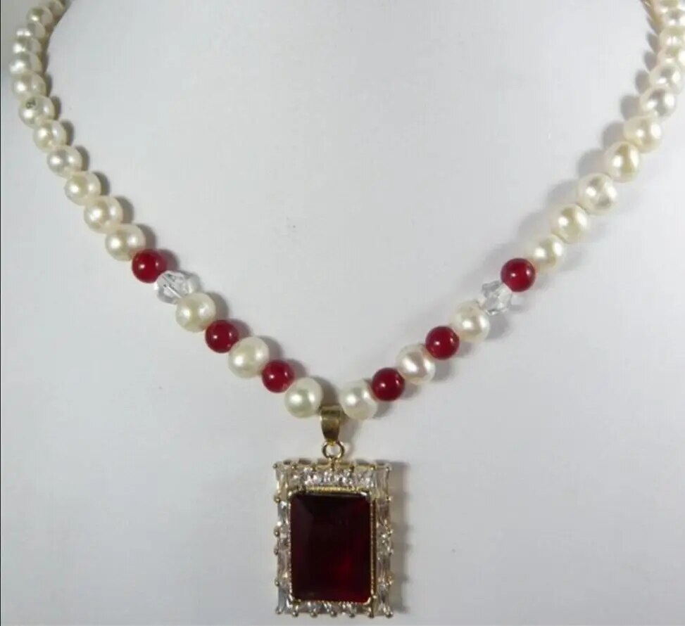 Natural Genuine 7-8MM Freshwater Pearl red jade bead Necklace+crystal Pendant